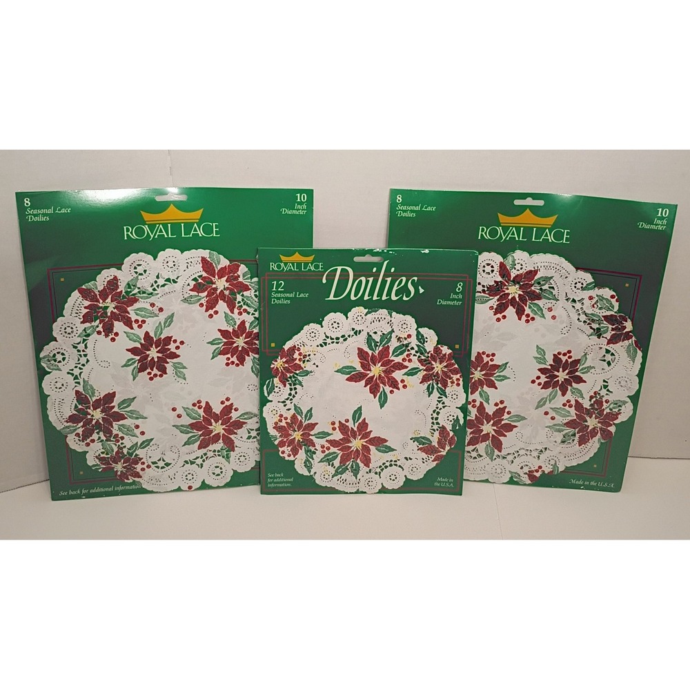 3pks Vintage Christmas Doilies Paper Lace Poinsettias ROYAL LACE 8" 10" NOS 28pc